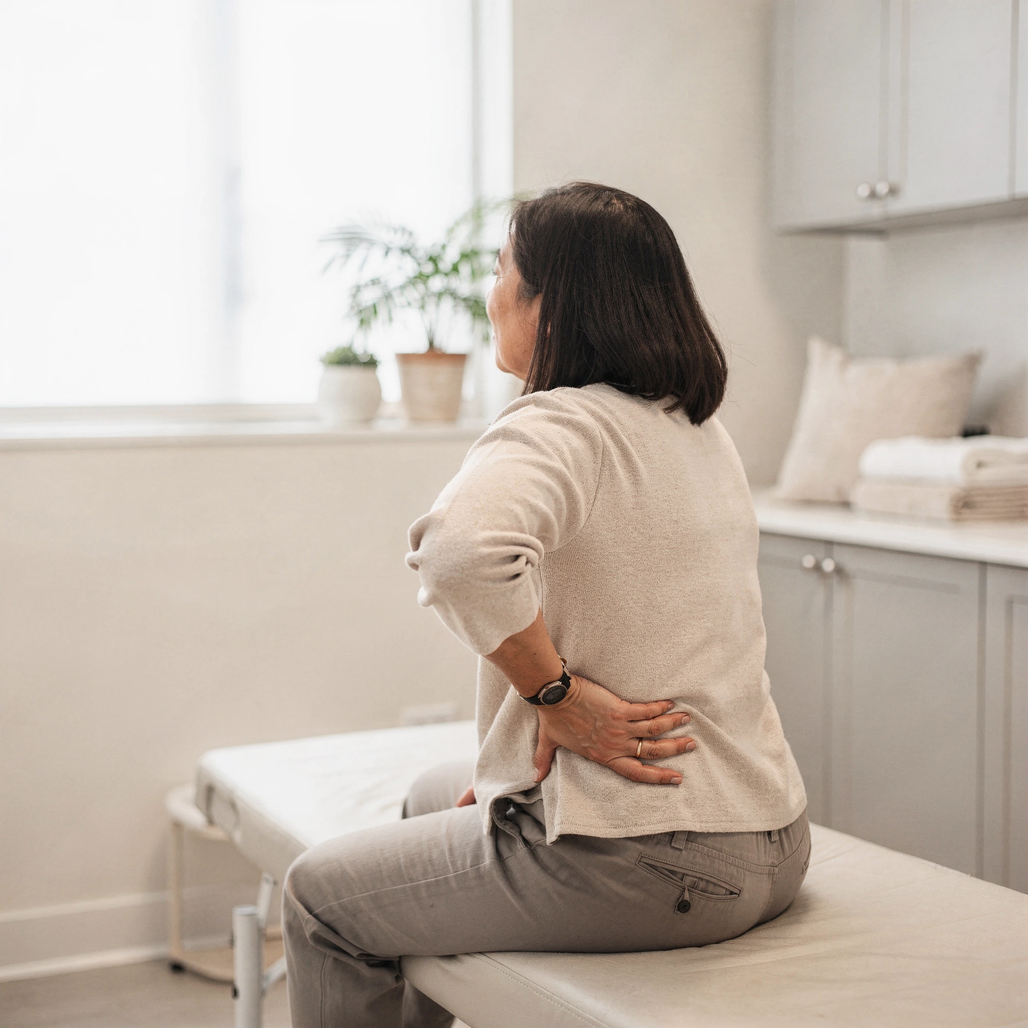Woman sitting on examination table holding lower back with both hands, experiencing pain